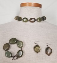3 pc Set Green Marble Stone Silver Bead Choker 18&quot; Necklace 8&quot; Bracelet Earrings - £22.07 GBP