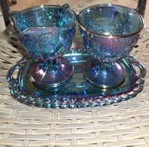 3 Pc. Indiana Glass Blue Harvest Grape Carnival Glass Cream and Sugar Tray Set - £39.14 GBP