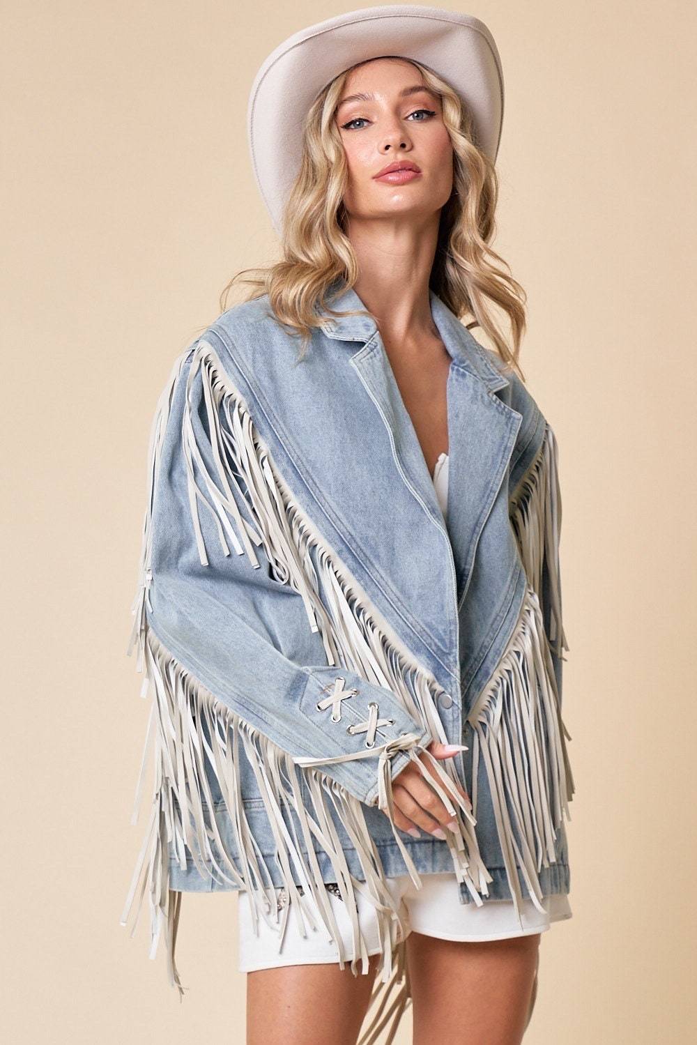 Fringe Denim Jean Jacket – Loose Fit Western Style with Fringed Sleeves - $84.00