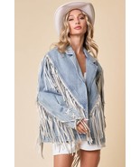 Fringe Denim Jean Jacket – Loose Fit Western Style with Fringed Sleeves - $1,564.47 MXN