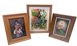 Asian Prints W/Frames Lot Of 3 Vintage Oriental Style Mid Century Felt Print Art - £32.57 GBP