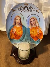 Sacred Heart Jesus &amp; Mary Decorative Plate w/ Wood Stand &amp; Prayer Candle... - £28.38 GBP