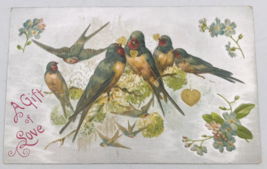 VTG 1909 Silver Tone Metallic Sparrows Birds in Love - A Gift of Love Postcard - £12.46 GBP