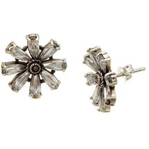 Solid Sterling Silver CZ Baguette Stone Flower Blossom Marcasite Stud Earrings - £15.41 GBP