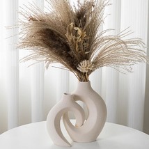 Snuggle Hollow Ceramic Vase Set Of 2 For Coffee Table, Beige W 6.3&quot; X H ... - $43.96