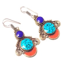 Tibetan Turquoise Coral Lapis Lazuli Handmade Gift Earrings Nepali 2.10&quot; SA 1304 - £4.78 GBP