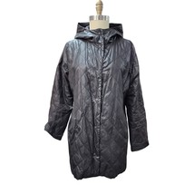 Eileen Fisher Quilted Puffer Coat Polyester/Rayon Black  Lightweight Hooded Sz L - £75.66 GBP