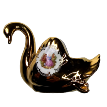 Vintage Golden Romance Swan Pot Trinket Dish Victorian Mural Porcelain Small 6in - £16.07 GBP