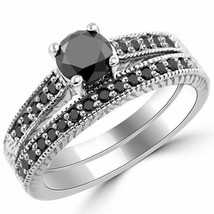 1.15 Cts Solitaire Black Round Diamond Bridal Set Ring 14K Yellow Gold Finish - £132.03 GBP