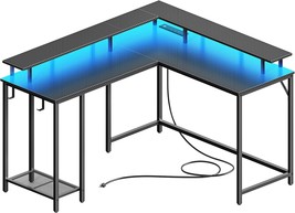 Superjare Desk L Shaped Gaming Desk With Led Lights &amp; Power, Carbon Fiber Black - $181.99