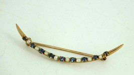 Antique 10kt Yellow Gold Over Blue Sapphire &amp; Pearl Crescent Moon Brooch Pin - £99.87 GBP