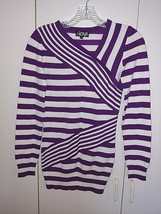 Kina Ladies Ls PURPLE/WHITE Striped RAYON/POLYESTER SWEATER-JRM-GENTLY WORN-CUTE - $6.79