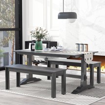 3-Piece Retro Dining Set, Rectangular Trestle Table And 2 Wood Benches For 4 Peo - £593.59 GBP