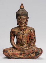 Antique Khmer Style SE Asia Seated Wood Meditation Buddha Statue - 20cm/8&quot; - $139.01