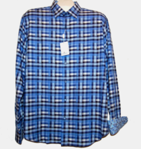 Bugatchi Men&#39;s Blue White Plaids Cotton Button Up Shirt Size L Shaped Fit $149 - £73.60 GBP