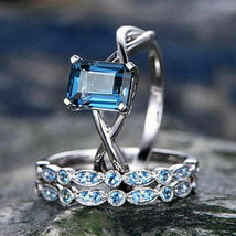 2.25Ct Emerald Cut Blue Topaz Engagement Wedding Trio Set 14k White Gold Finish - £107.40 GBP