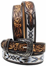 Unisex 1.5&quot; Western Floral Tooled Beaded Full-Grain Leather Belt 26RT43 - £53.77 GBP