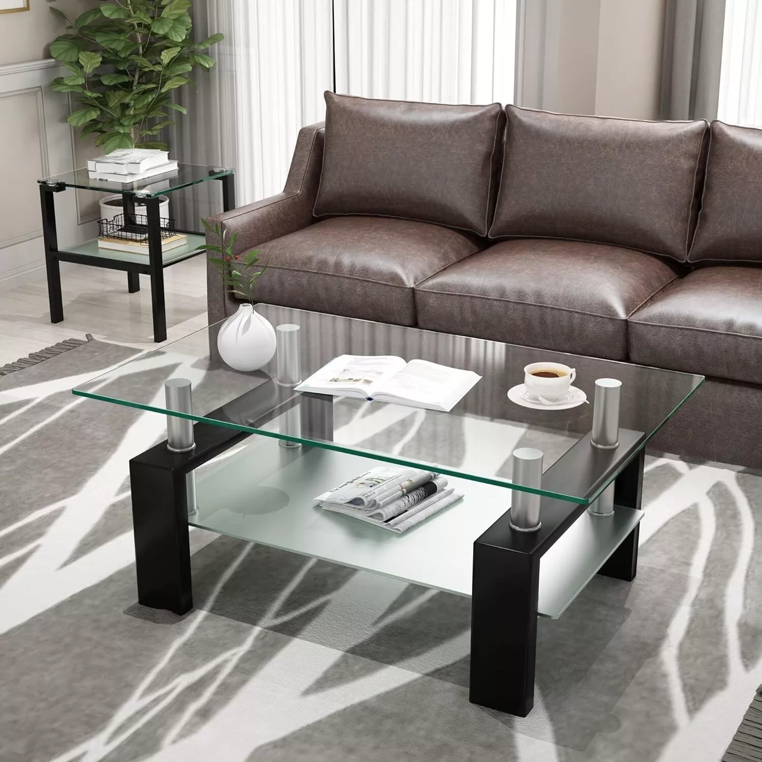 Black Polished Glass Cocktail Coffee Table Center for Living Room With S... - $161.75 CAD