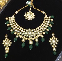 VeroniQ Trends-Elegant Gold Plated Kundan Statement Necklace With Faux Emerald  - £139.71 GBP