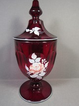 Vintage Ruby Red Glass Westmoreland Hand Painted Covered Candy Dish 7.5&quot; x 3.5&quot; - £20.68 GBP