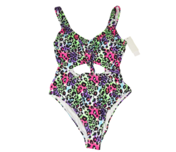 Salt + Cove Bright Multi Leopard Print Cut Out One Piece Swimsuit Plus Size 1X - £22.42 GBP