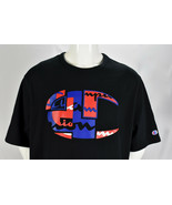 Vintage Champion Big Embroidered Logo T Shirt Black 2XL - $520.39 MXN
