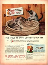 1958 Puss N&#39; Boots Cat Food kitten Laying on Cat Bed Vintage Print Ad a6 - $24.11