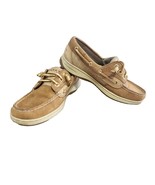 Sperry Topsider boat shoe slip on loafer in tan leather  gold laces Wome... - $26.58 CAD