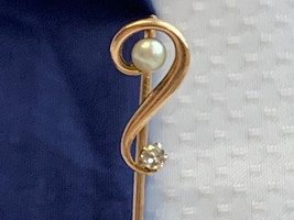 Vtg 10K Yellow Gold Pearl Stick Pin 1.21g Fine Jewelry Clear Stone &amp; Display Box - £119.03 GBP