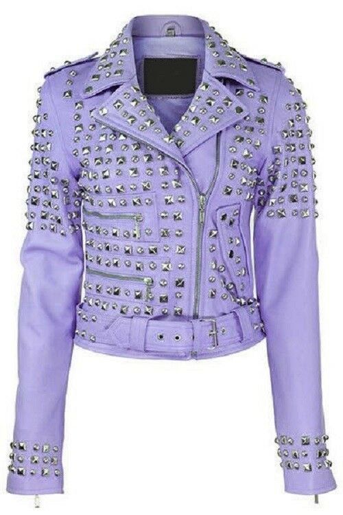 Women's Purple Color Zipper Style Handmade Genuine Leather Silver Studded Jacket