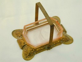 RARE Antique Czech Open Salt Dip Pink Glass Cherub Intaglio Ornate Caddy - £111.90 GBP