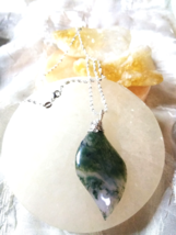 Necklace with Large Moss Agate Pendant Sliver Wrapped Natural Gemstone Valentine - £15.37 GBP