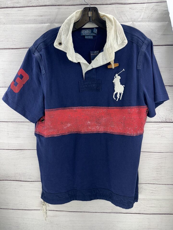 Primary image for Vtg Polo Ralph Lauren Heavyweight Blue Short Sleeve Rugby Shirt Big Pony Medium