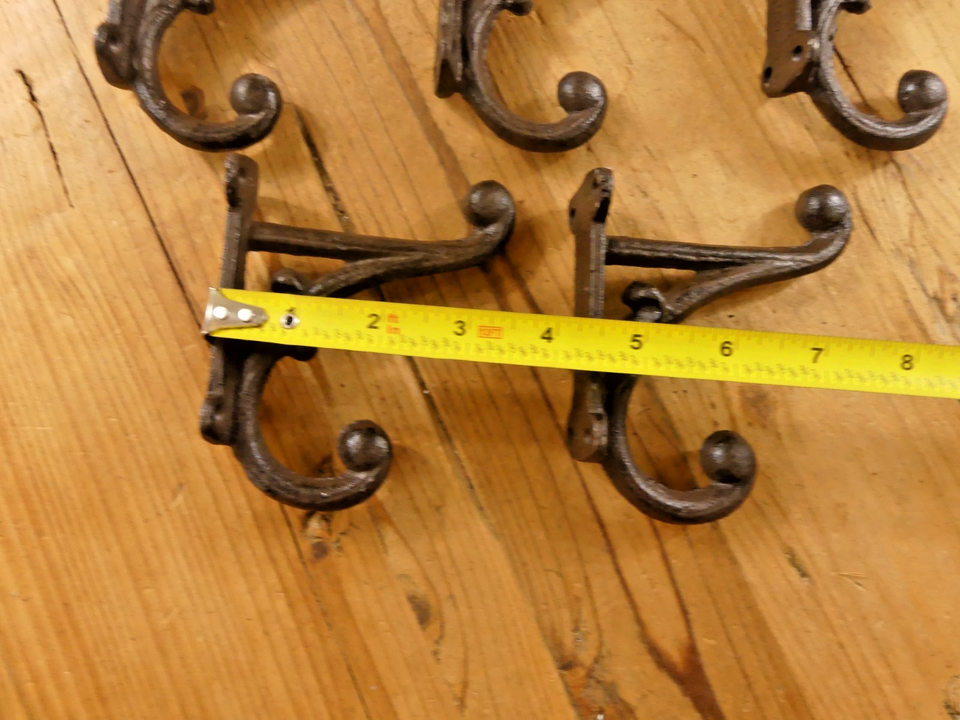 8 BROWN RUSTIC COAT HOOKS ANTIQUE STYLE CAST IRON 4.5" WALL DOUBLE RESTORATION ! Item image 7