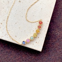 18k Solid Gold Sapphire Bar Necklace / 7 Stone Multi Color Gemstone Necklace - £367.42 GBP