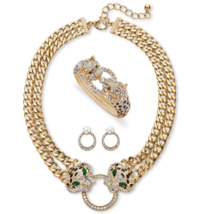 Pave Crystal Simulated Emerald Necklace Earrings Bangle Leopard Set Gold Tone - £144.76 GBP