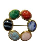 Vintage Scarab Style Circle Brooch Multicolor Cabochon Wreath Pin 1.25 - $16.20