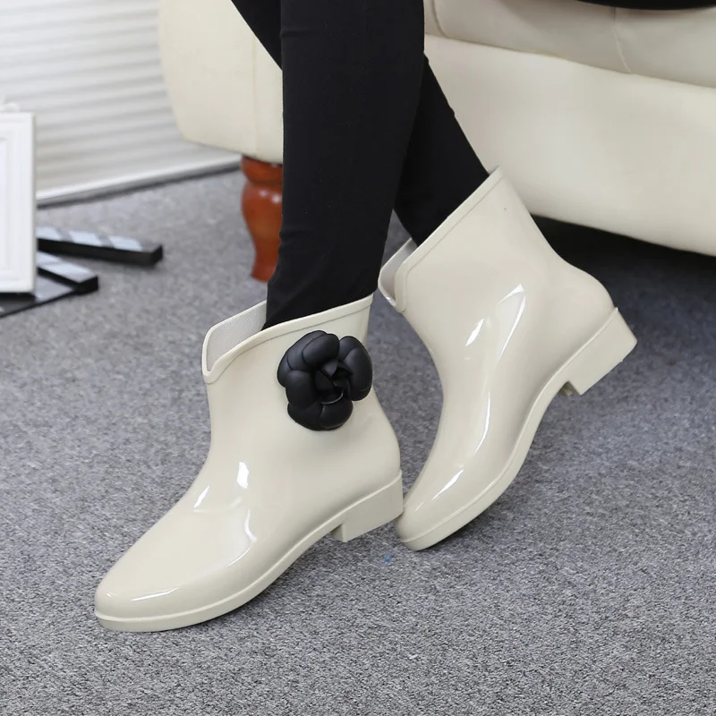 Women Spring Rain Boots Boots Flower Bowtie Ankle Boot Female Waterproof Solid S - £151.64 GBP