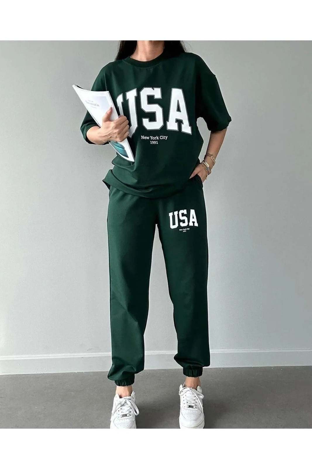 Primary image for Usa T-shirt Sweatpants Jogger- Green Printed Bottom Top Tracksuit Suit Oversize 
