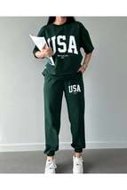 Usa T-shirt Sweatpants Jogger- Green Printed Bottom Top Tracksuit Suit Oversize  - £31.24 GBP