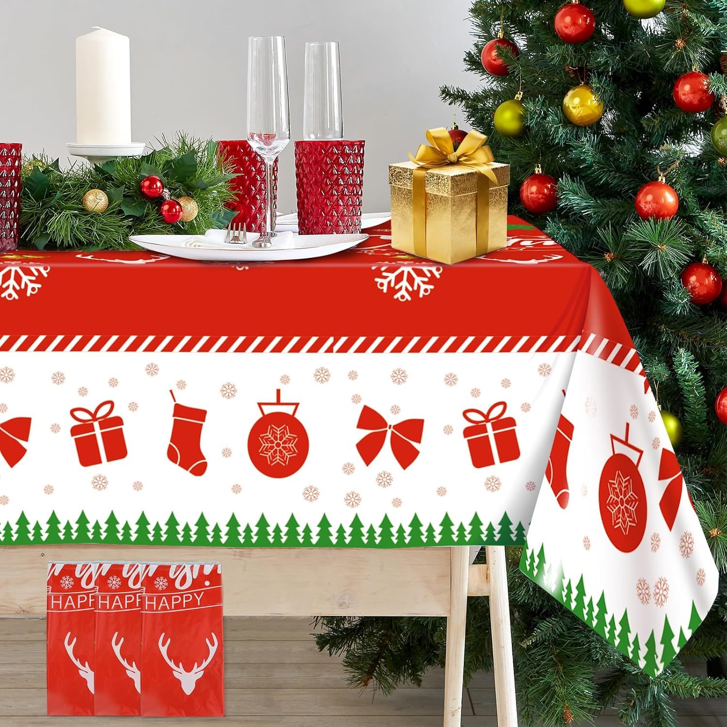 3 Pack Christmas Tablecloth, Disposable Plastic Christmas Table Cloth Rectangle