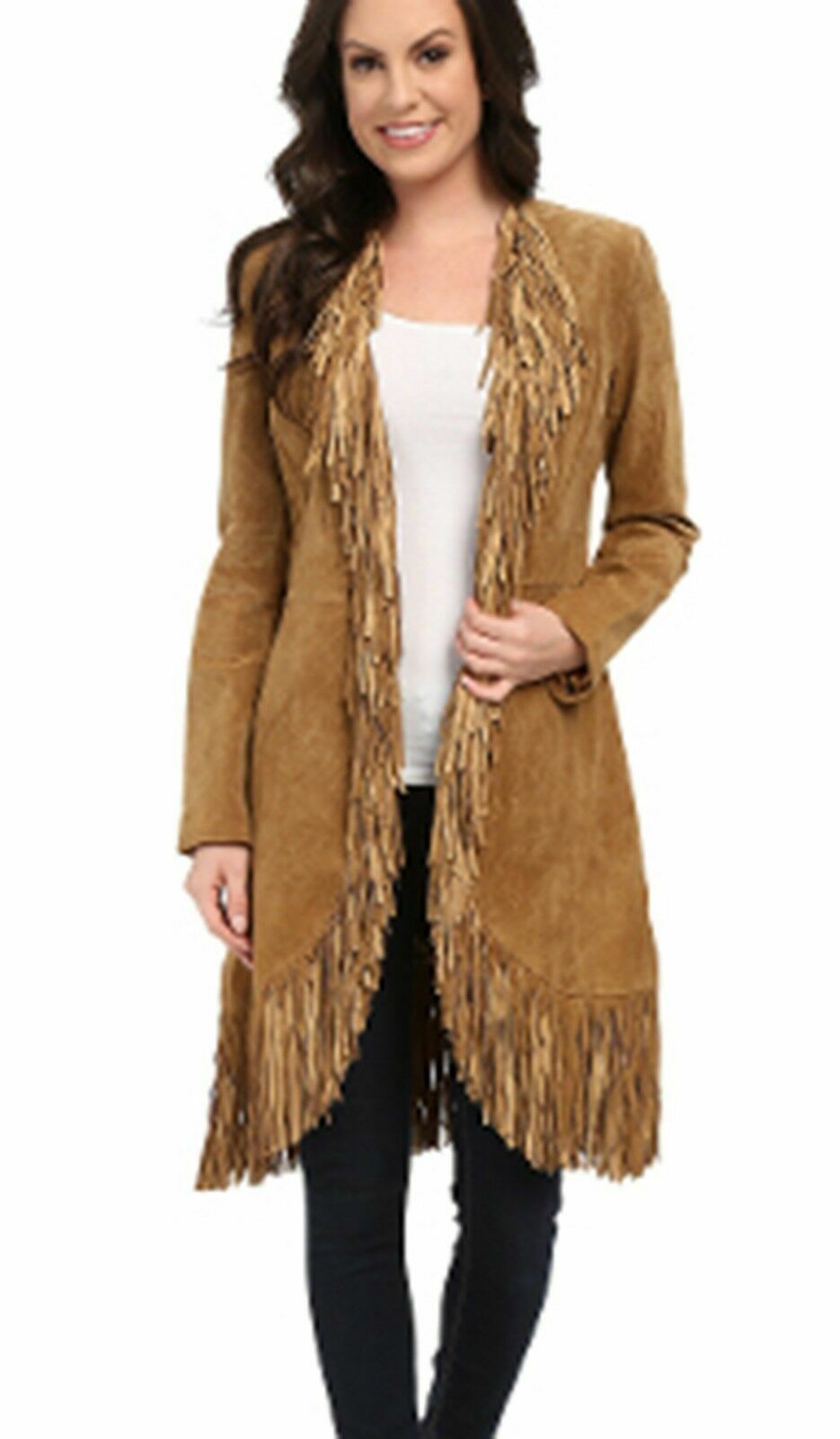 Women's Brown Western Fringed Style Genuine Suede Leather Handmade Long Coat