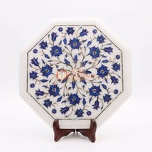 12&quot;x12&quot; White Handmade Top Corridor Table Lapis Inlaid Marquetry Floral Design  - £293.71 GBP