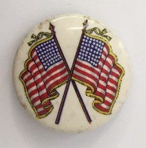 Patriotic CROSSED AMERICAN FLAGS 1.25&quot; Pin button Home Front Yellow Bord... - £12.23 GBP