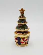 Christmas Tree Enameled Jeweled Trinket Box Goldtone Peppermint Candy - $19.99