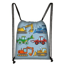 Cartoon Excavator Tractor Fire Truck Print Drawstring Bag Teenagers Engineering  - £48.42 GBP