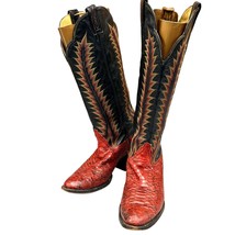 VTG Tony Lama Red Snakeskin Cowboy Boots 9B Western Stitch Black Flame 70s - $292.99