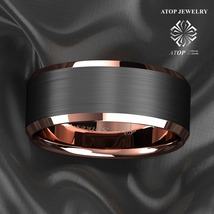 8mm Brushed Black Rose gold Edge Tungsten Ring Wedding Band ATOP Men&#39;s Jewelry - £23.72 GBP