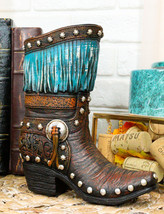 Rustic Western Tooled Leather Lace Patterns Boot Floral Vase With Blue F... - $25.99