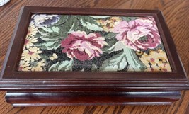 Tapestry Hinged Lid Wooden Jewelry Box Vintage Mirror Velvet Interior - £14.77 GBP